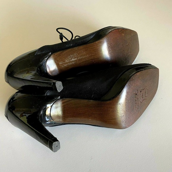Stuart Weitzman Lace Up Pump Bootie Black Patent Leather Satin Cut Out P… - Picture 8 of 8